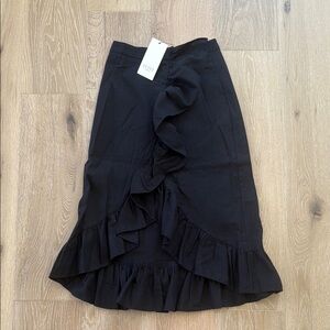 Black Midi Ruffle Skirt with Front Opening, Small